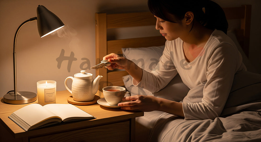 フリー素材 無料 写真|寝る前にハーブティーを淹れてリラックスする日本人女性