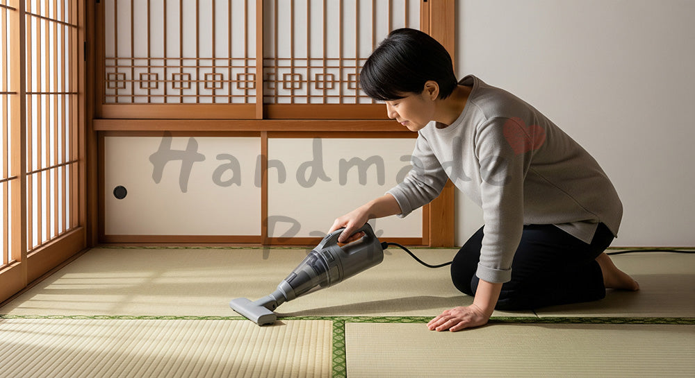 フリー素材 無料 写真|和室の畳を小型掃除機で丁寧に掃除する日本人のシンプルライフ 余白あり