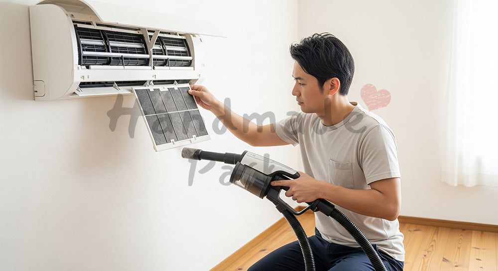 フリー素材 無料 写真|エアコンフィルターを掃除する日本人男性の室内メンテナンス 背景素材
