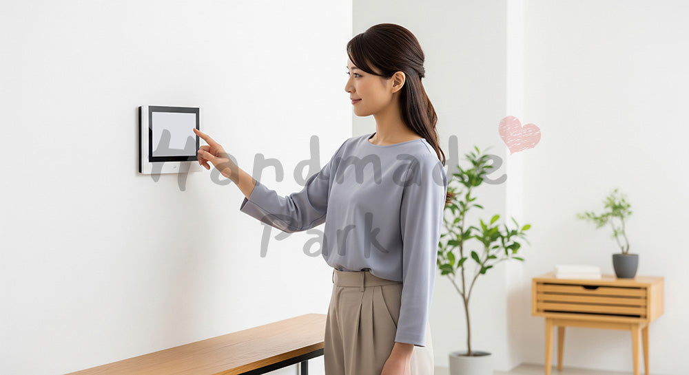 フリー素材 無料 写真|スマートホームパネルで温度と照明を調整する日本人女性 背景素材