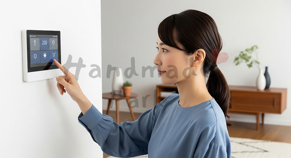 フリー素材 無料 写真|スマートホームパネルで温度と照明を調整する日本人女性