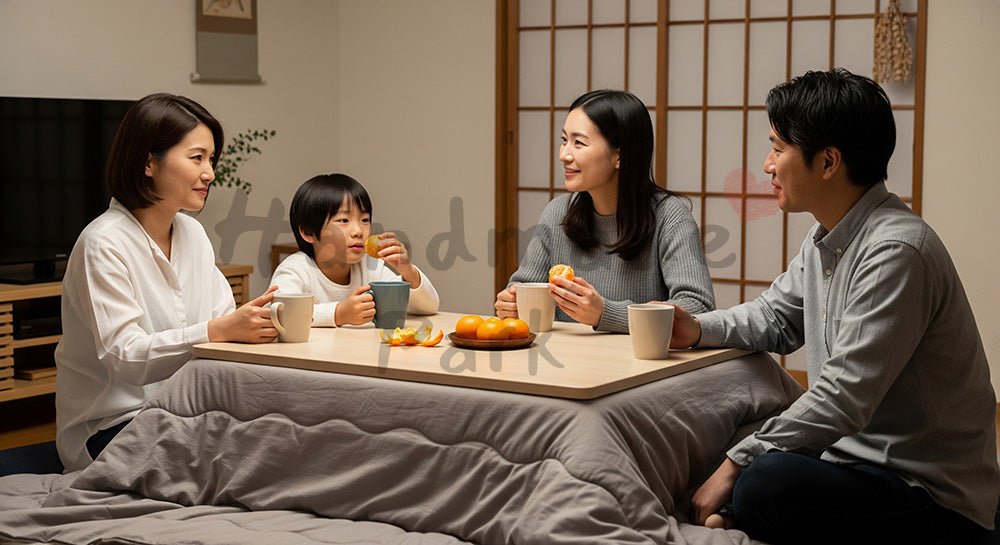 フリー素材 無料 写真|こたつで団らんを楽しむ日本人家族の冬リビング 写真背景