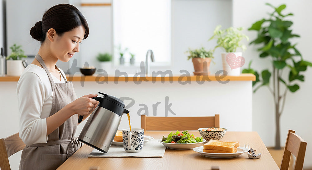 フリー素材 無料 写真|朝のダイニングキッチンでコーヒーを注ぐ日本人主婦の穏やかな朝時間 余白あり
