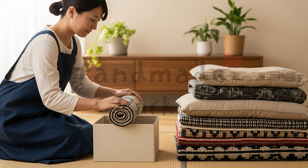 フリー素材 無料 写真|ラグやブランケットを収納ボックスに片づける日本人主婦の季節の衣替え 写真背景