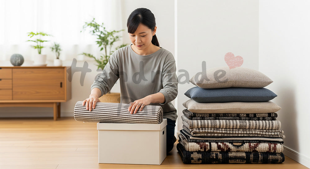 フリー素材 無料 写真|ラグやブランケットを収納ボックスに片づける日本人主婦の季節の衣替え