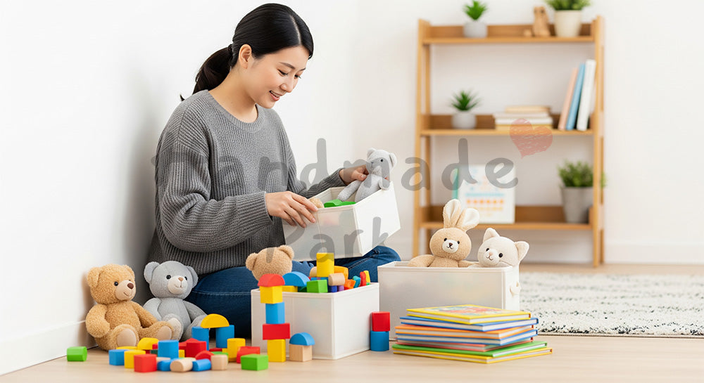 フリー素材 無料 写真|子ども部屋のおもちゃを種類別に片づける日本人主婦の子育てシーン 写真背景