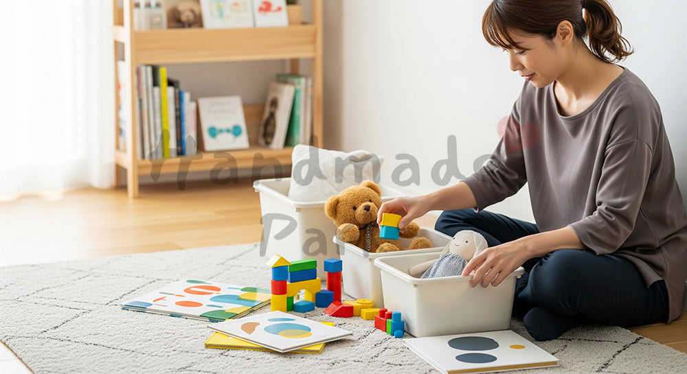 フリー素材 無料 写真|子ども部屋のおもちゃを種類別に片づける日本人主婦の子育てシーン 背景素材