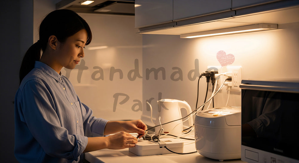 フリー素材 無料 写真|キッチン家電のコードを整理し安全に配線管理する日本人主婦 余白あり