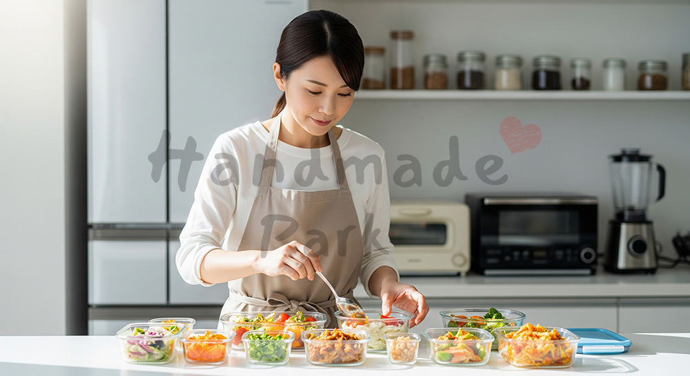 フリー素材 無料 写真|ガラス保存容器に作り置きおかずを詰める日本人主婦の時短家事シーン 余白あり