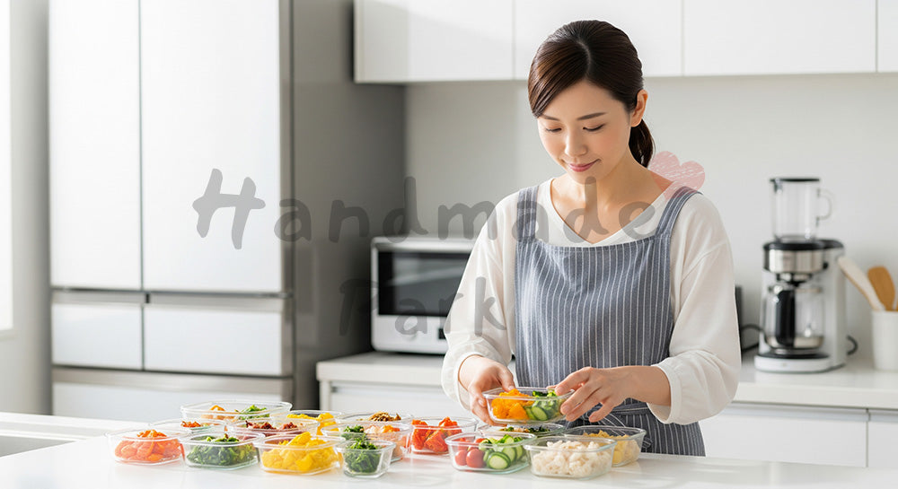 フリー素材 無料 写真|ガラス保存容器に作り置きおかずを詰める日本人主婦の時短家事シーン 写真背景
