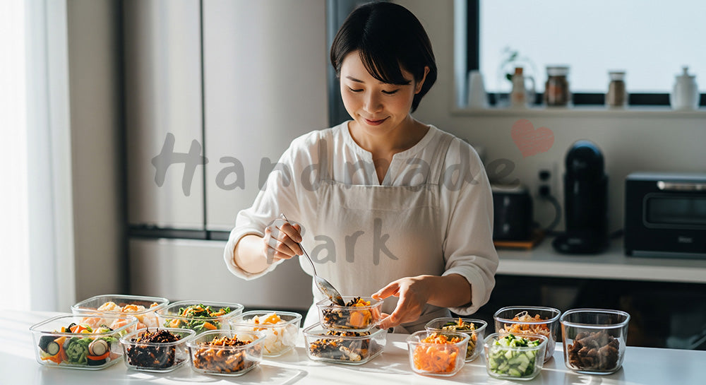 フリー素材 無料 写真|ガラス保存容器に作り置きおかずを詰める日本人主婦の時短家事シーン