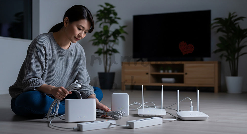 フリー素材 無料 写真|Wi-Fiルーター周りのコードを整理する日本人主婦のデジタルライフ整備