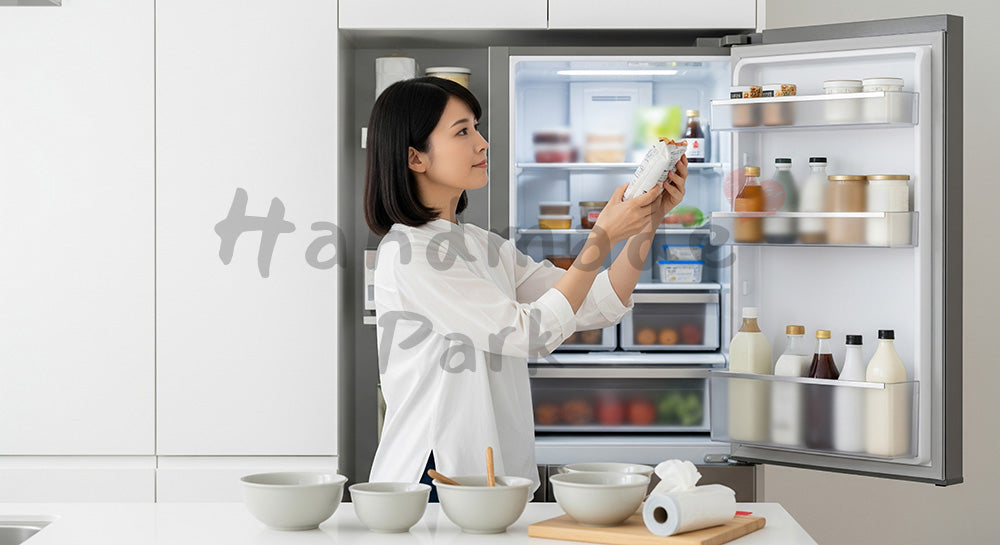 フリー素材 無料 写真|冷蔵庫の中身を整理し食品ロスを防ぐ日本人主婦のキッチンシーン