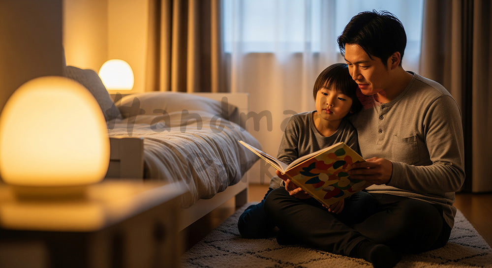 フリー素材 無料 写真|寝る前に子どもへ絵本を読み聞かせる日本人父親の親子時間