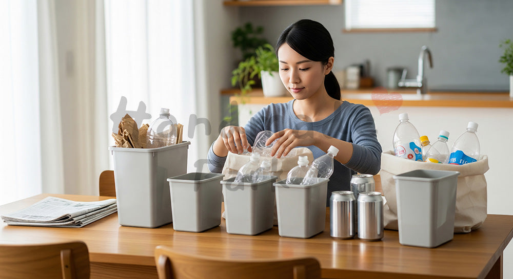 フリー素材 無料 写真|ダイニングテーブルでごみ分別をする日本人主婦のエコライフシーン 背景素材