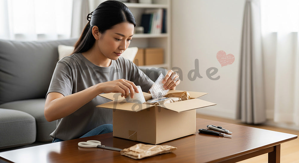 フリー素材 無料 写真|宅配段ボールを開封してオンライン購入品を取り出す日本人主婦のリビングシーン 背景素材
