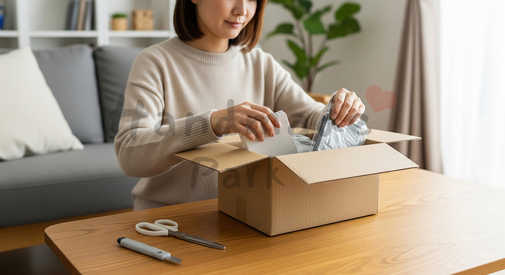 フリー素材 無料 写真|宅配段ボールを開封してオンライン購入品を取り出す日本人主婦のリビングシーン