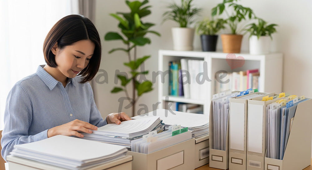 フリー素材 無料 写真|書類をファイルボックスに仕分けする日本人主婦のデスク整理シーン 余白あり