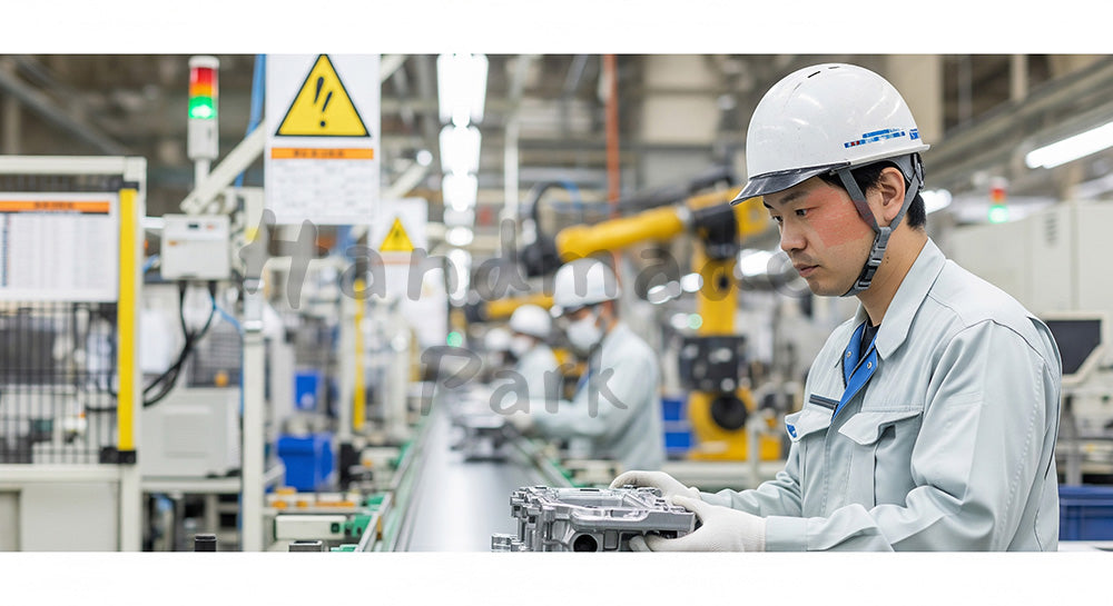 フリー素材 無料 写真|自動車部品工場でコンベア上の金属部品を検査する日本人作業員 空きスペースあり 背景素材