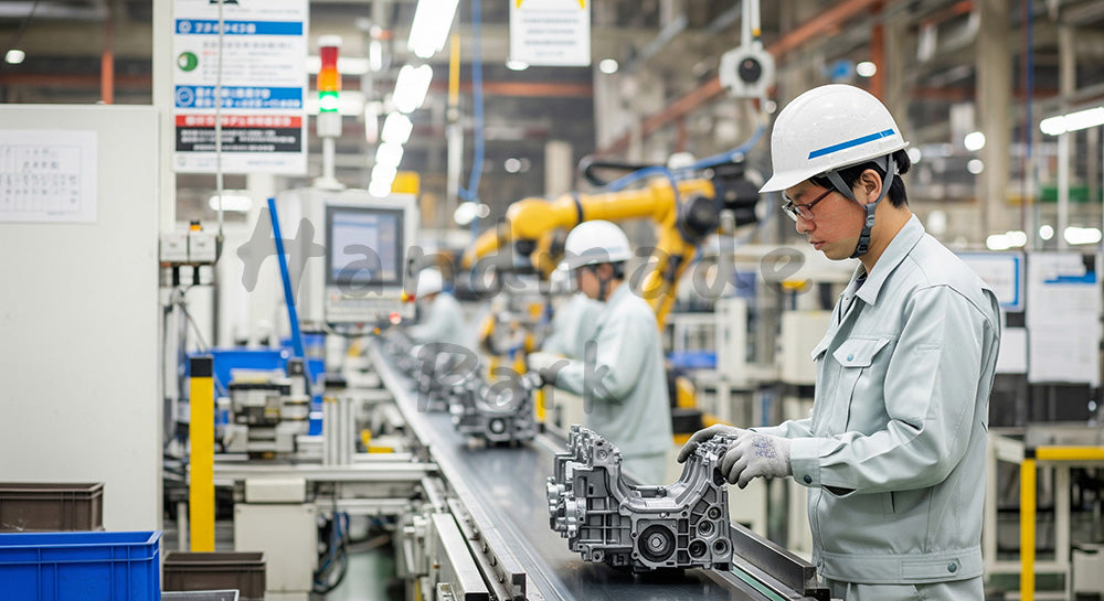 フリー素材 無料 写真|自動車部品工場でコンベア上の金属部品を検査する日本人作業員 背景素材