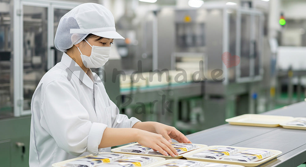 フリー素材 無料 写真|食品工場でパック製品をトレーに並べる日本人女性作業員 空きスペースあり 背景素材