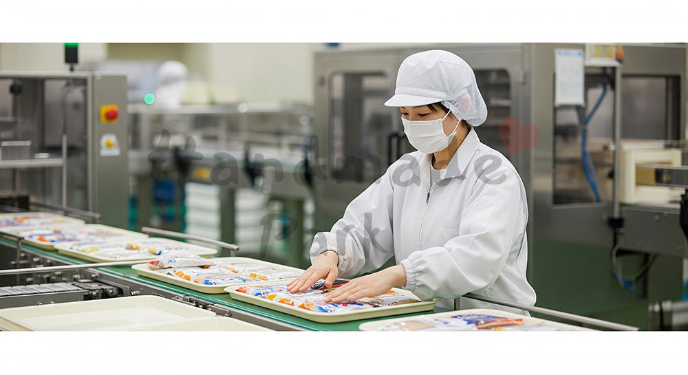 フリー素材 無料 写真|食品工場でパック製品をトレーに並べる日本人女性作業員 余白あり