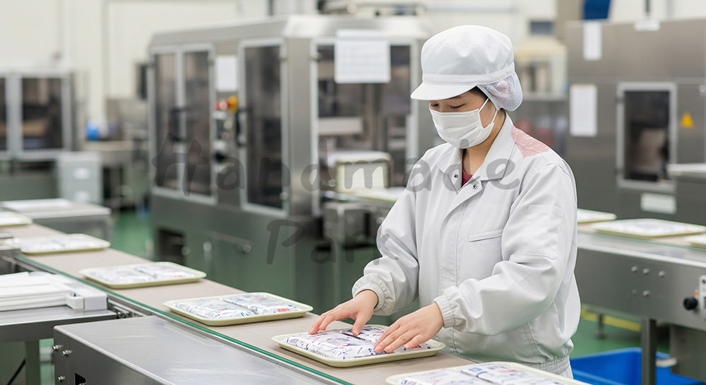フリー素材 無料 写真|食品工場でパック製品をトレーに並べる日本人女性作業員