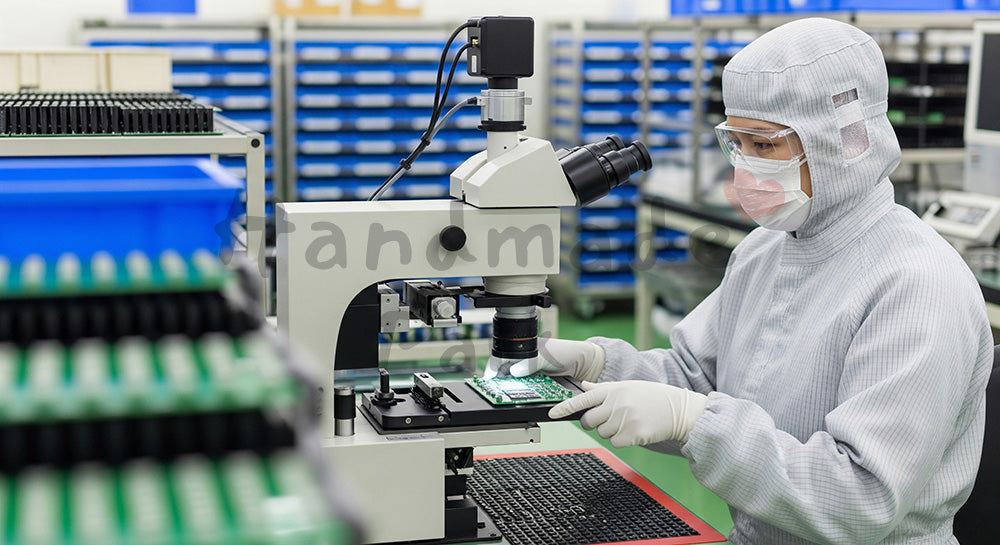 フリー素材 無料 写真|クリーンルームで電子基板を検査装置にセットする日本人作業員(表現2)