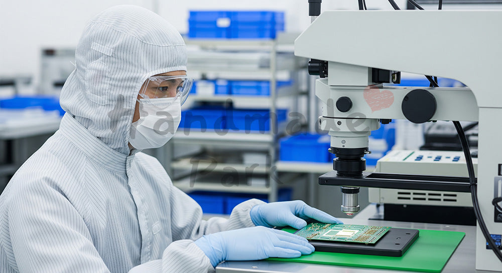 フリー素材 無料 写真|クリーンルームで電子基板を検査装置にセットする日本人作業員 コピースペースあり