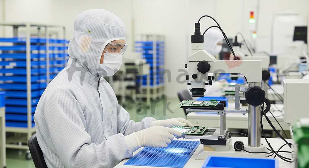 フリー素材 無料 写真|クリーンルームで電子基板を検査装置にセットする日本人作業員 余白あり