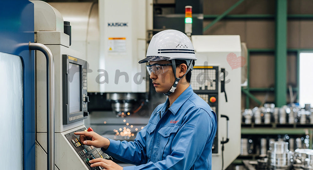 フリー素材 無料 写真|CNC工作機械の操作パネルを確認する日本人金属加工オペレーター 余白あり