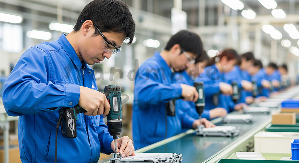 フリー素材 無料 写真|組立ラインで電動ドライバーを使ってユニットを組み立てる日本人作業員