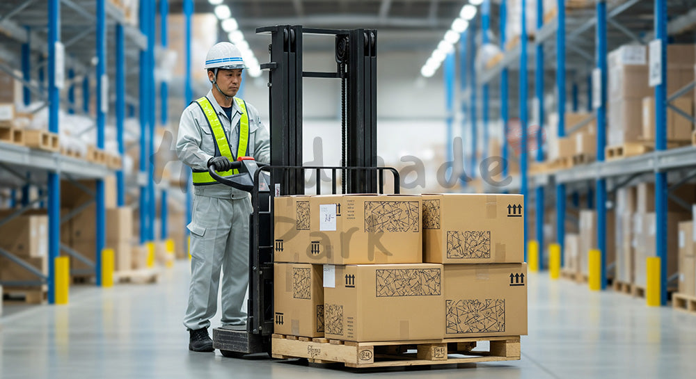 フリー素材 無料 写真|工場倉庫でフォークリフトを操作しパレットを搬送する日本人作業員 余白あり