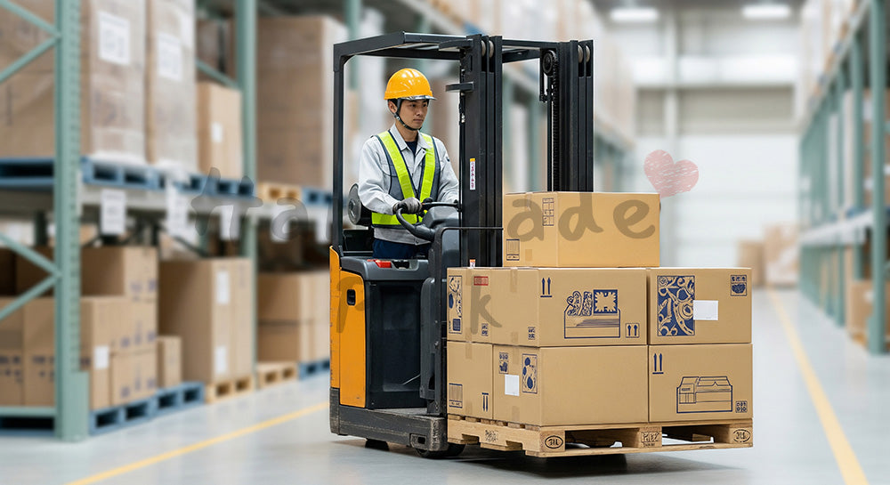 フリー素材 無料 写真|工場倉庫でフォークリフトを操作しパレットを搬送する日本人作業員 写真背景