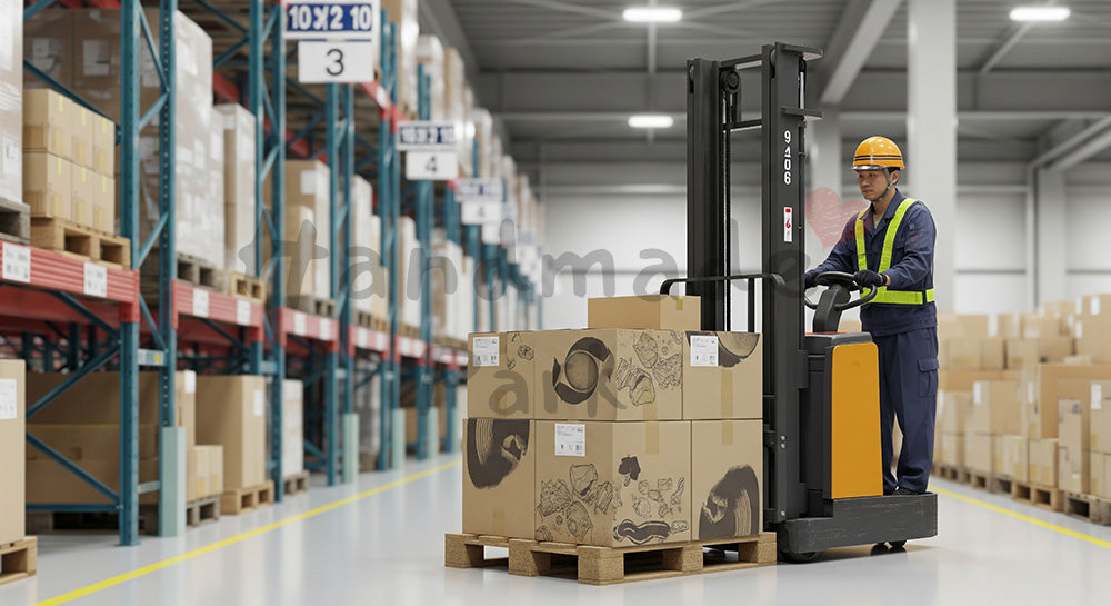 フリー素材 無料 写真|工場倉庫でフォークリフトを操作しパレットを搬送する日本人作業員 背景素材