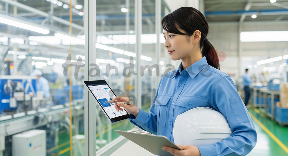 フリー素材 無料 写真|工場ラインをガラス越しにチェックする日本人女性エンジニア 写真背景