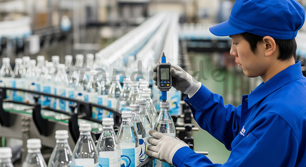 フリー素材 無料 写真|飲料ボトルのキャップ締めトルクをチェックする日本人作業員 余白あり
