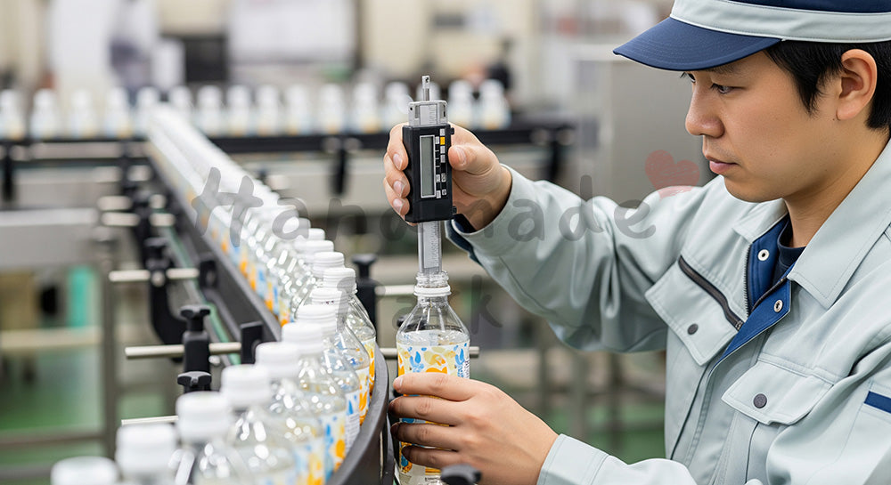 フリー素材 無料 写真|飲料ボトルのキャップ締めトルクをチェックする日本人作業員 背景素材