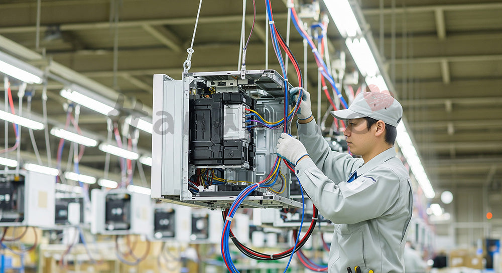 フリー素材 無料 写真|家電筐体内部に配線作業を行う日本人組立作業員 余白あり