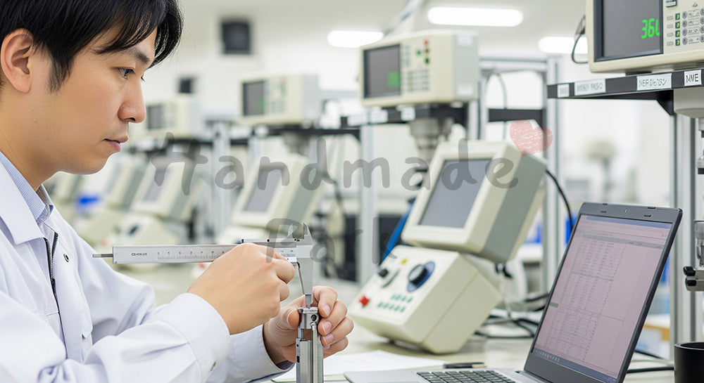 フリー素材 無料 写真|品質検査室でサンプル製品をノギス測定しPCに記録する日本人検査員 余白あり