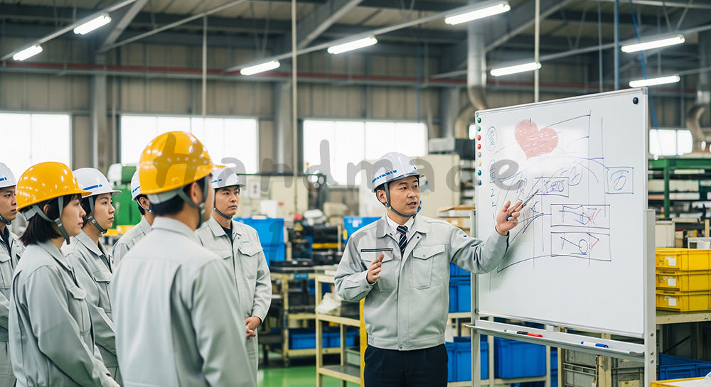 フリー素材 無料 写真|ホワイトボードの前で生産計画と安全目標を共有する日本人班長と作業員