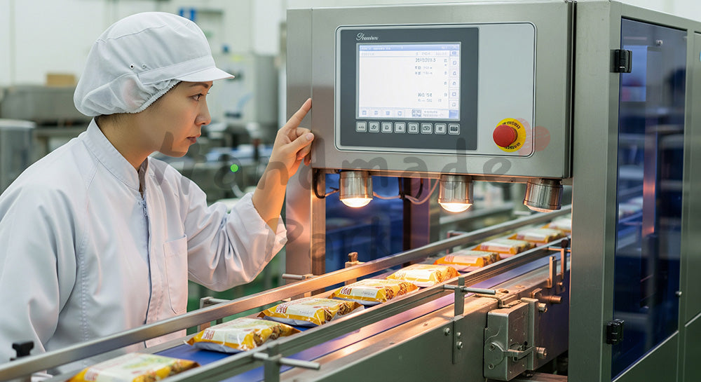 フリー素材 無料 写真|金属探知機を通過する製品を監視する日本人食品工場作業員 写真背景