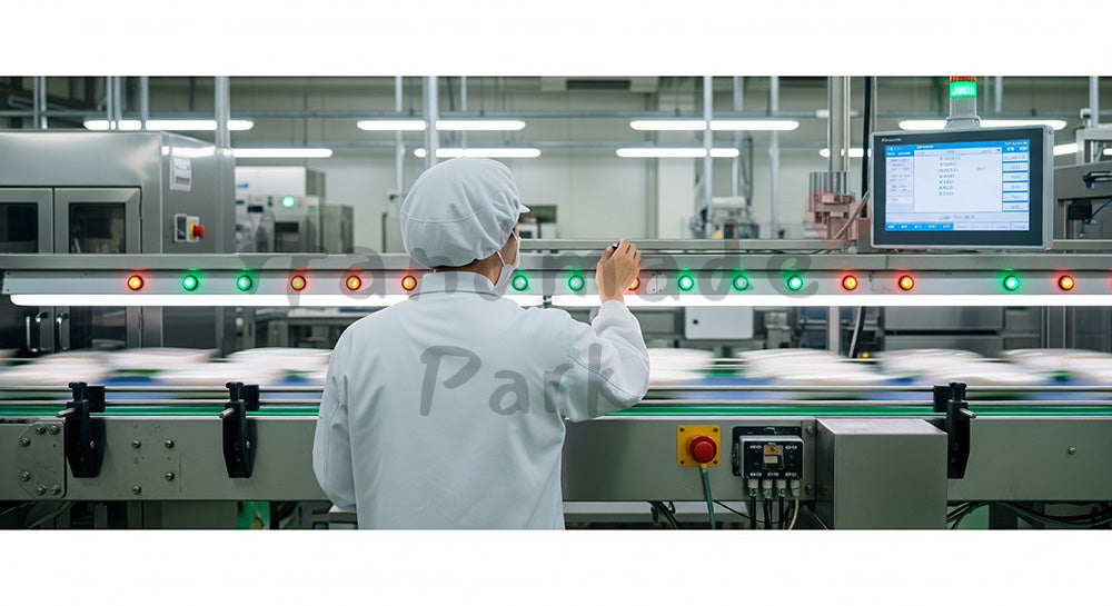 フリー素材 無料 写真|金属探知機を通過する製品を監視する日本人食品工場作業員 背景素材