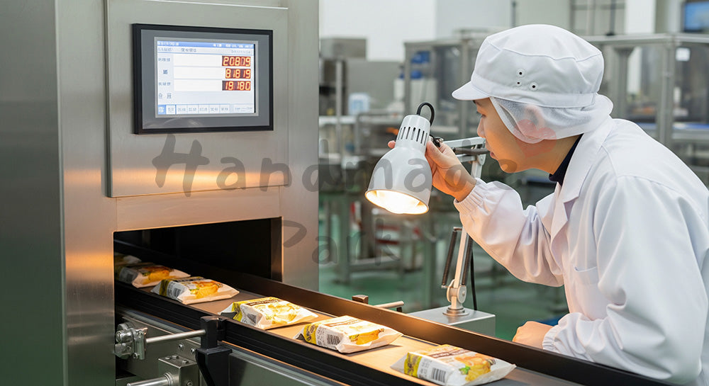 フリー素材 無料 写真|金属探知機を通過する製品を監視する日本人食品工場作業員