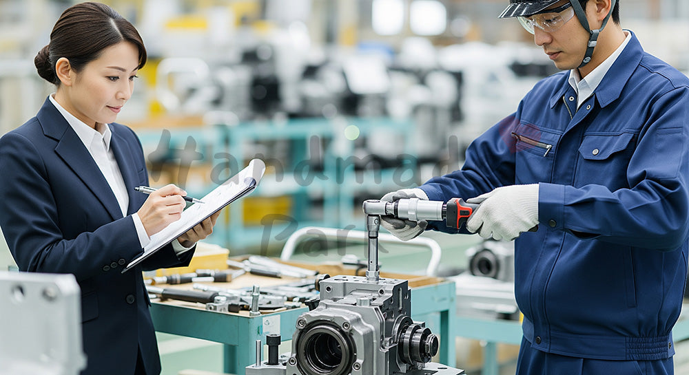 フリー素材 無料 写真|トルクレンチでボルトを締め付ける作業員とチェックシートを確認する検査員 余白あり