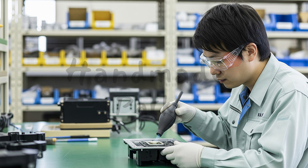 フリー素材 無料 写真|エアブローで埃を飛ばしながら製品の最終外観チェックを行う日本人作業員 写真背景