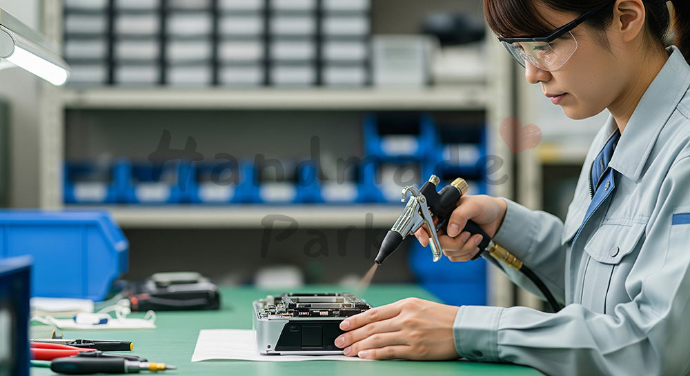 フリー素材 無料 写真|エアブローで埃を飛ばしながら製品の最終外観チェックを行う日本人作業員 背景素材