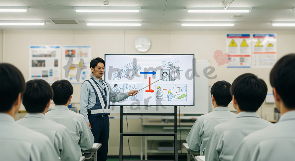 フリー素材 無料 写真|安全教育ルームでスクリーンを使って講習を行う日本人安全担当者と新入社員 余白あり