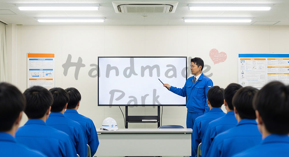 フリー素材 無料 写真|安全教育ルームでスクリーンを使って講習を行う日本人安全担当者と新入社員 背景素材