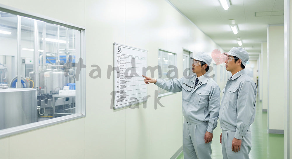 フリー素材 無料 写真|クリーン通路で5Sチェック表を確認する日本人現場リーダーと作業員 写真背景